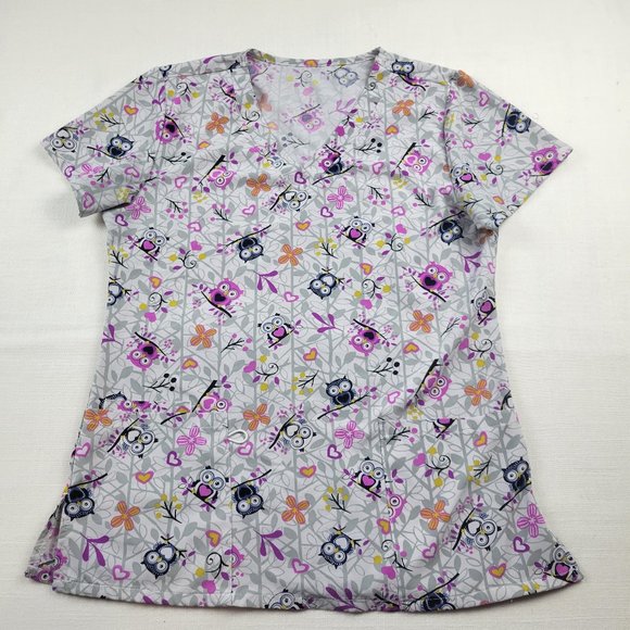 CHEROKEE Gray Lavender Owl Print  Scrub Top - Medium - Picture 1 of 7